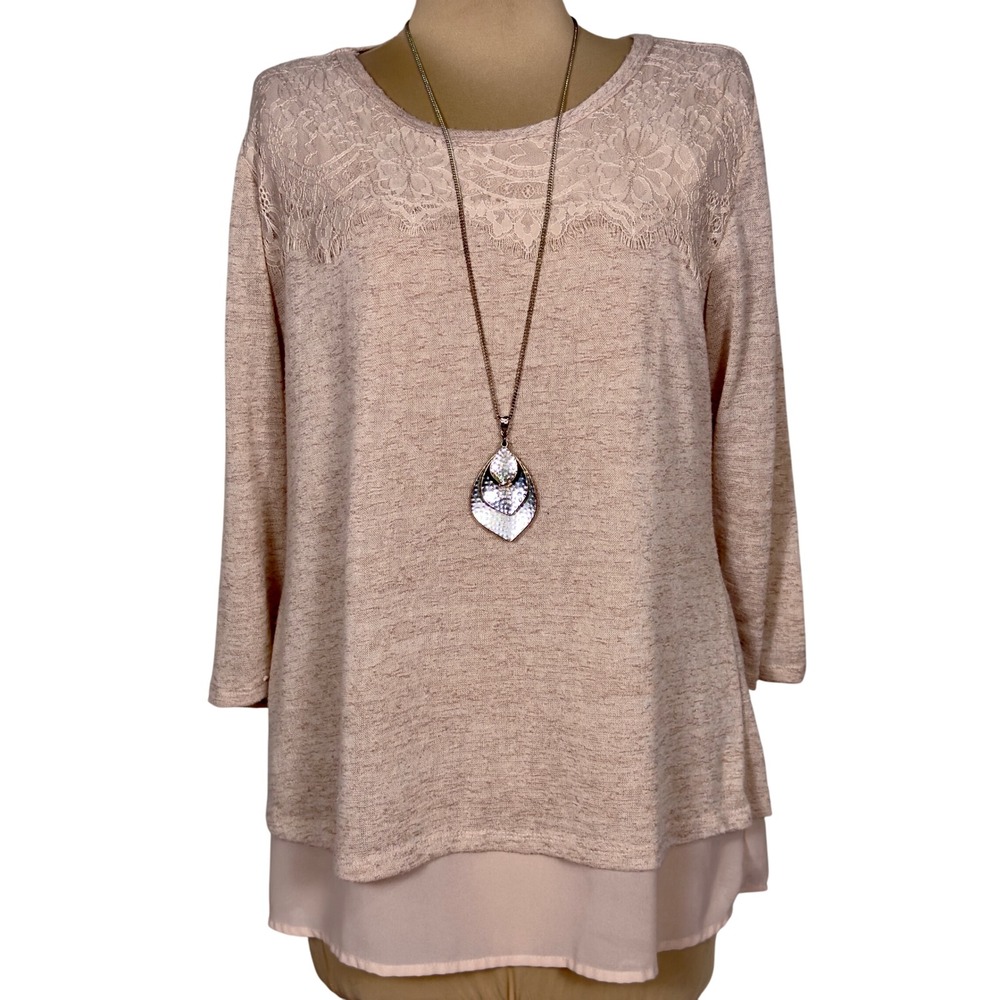 ADIVA Women's Nude Blush Lace Trim Layered Shirt Top Large Fly Away Back Tunic